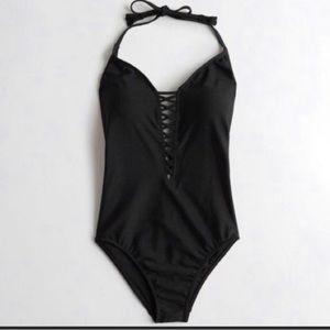 Hollisterswim black lace up plunge one piece